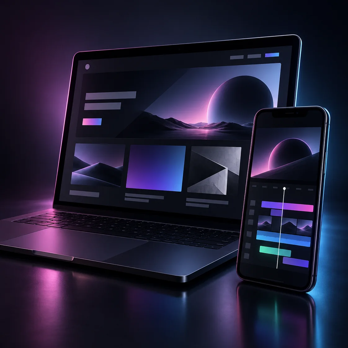 Premium laptop website interface beside a smartphone video-editing timeline